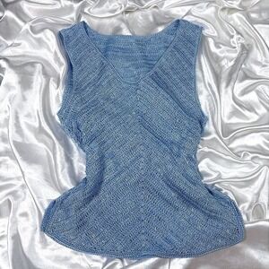 y2k beaded Crochet Tank Top Blue V-Neck Chevron Knit Sleeveless